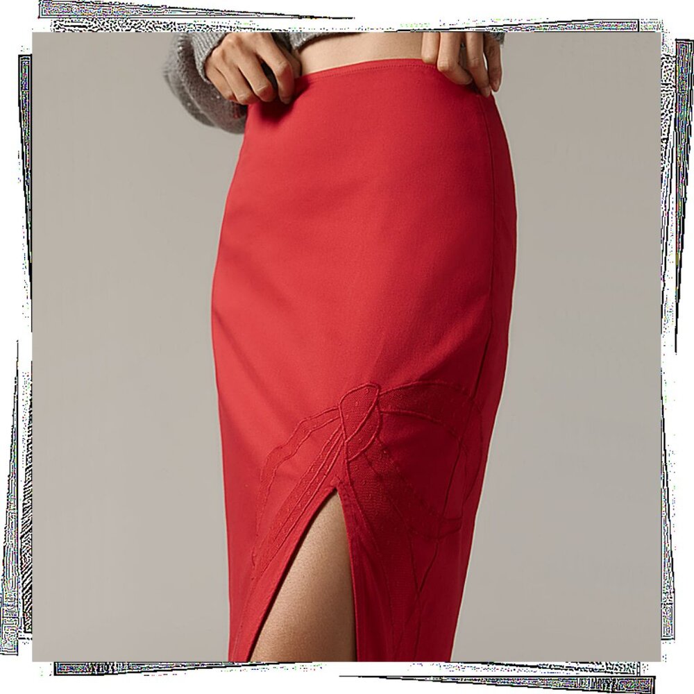 NWT: Lightweight Red Cotton Blend Bow Embroidered Midi Skirt (S) by Maeve